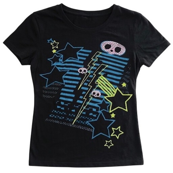 The Unbranded Brand Tops - Vintage Y2K Graphic Tee Black Lightning Bolt Stars Retro Short Sleeve Shirt
